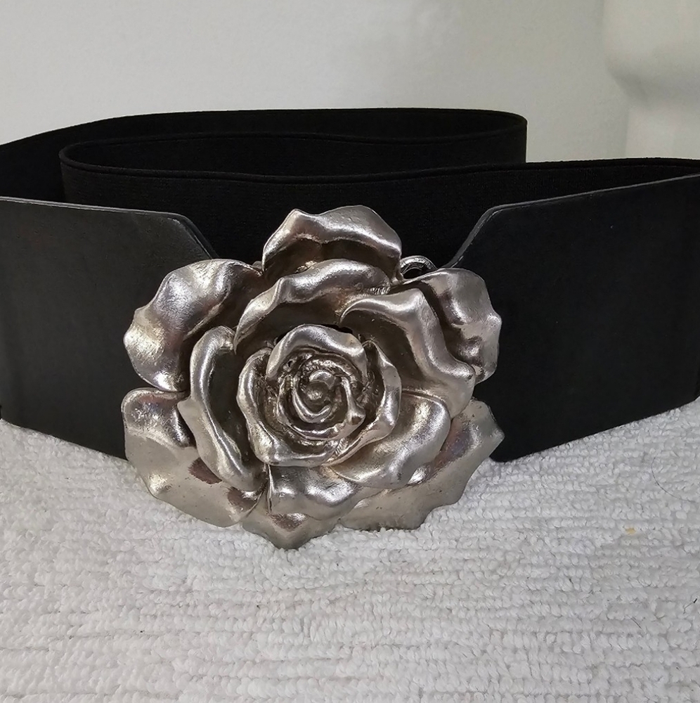New York & Company Black Wide Stretch Belt with Intricate Silver Rose Buckle